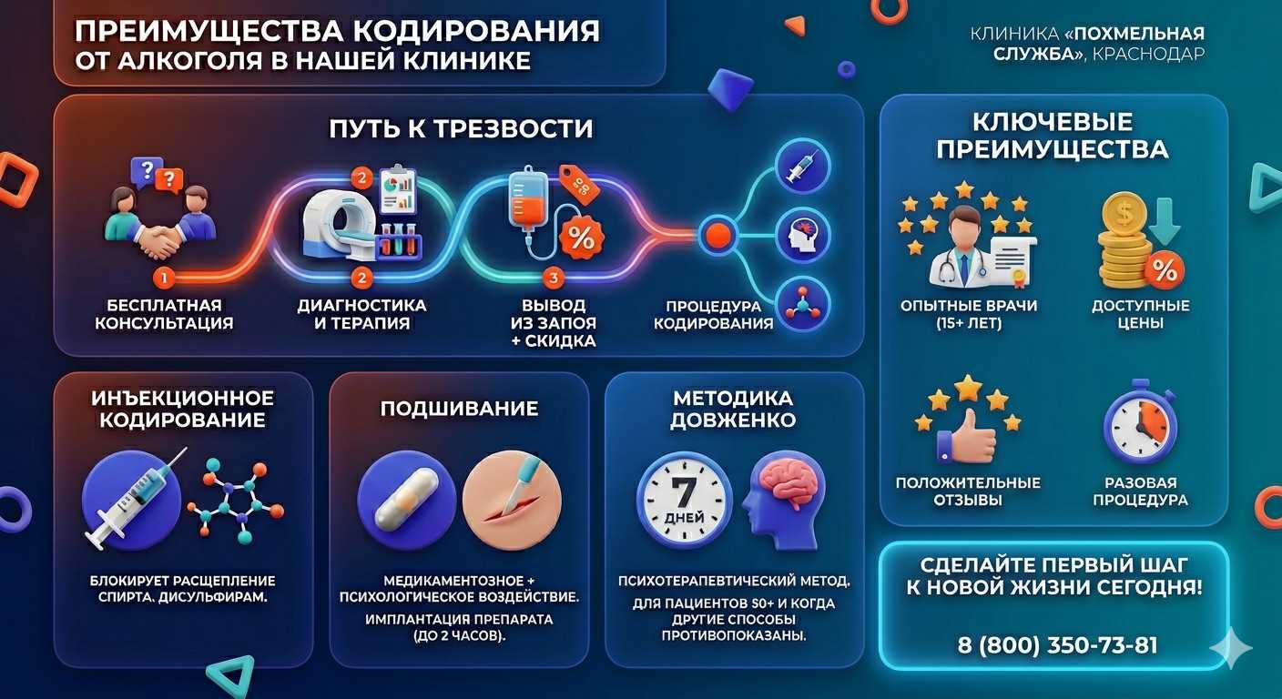 Инфографика о методах кодирования от алкоголя в Поспелихе: инъекции, подшивание, метод Довженко. Преимущества клиники и этапы лечения.