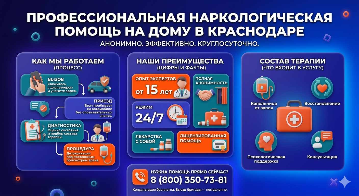 Инфографика о принципах лечения алкоголизма на дому в Поспелихе: этапы вызова нарколога, преимущества анонимной детоксикации и состав медицинской помощи.